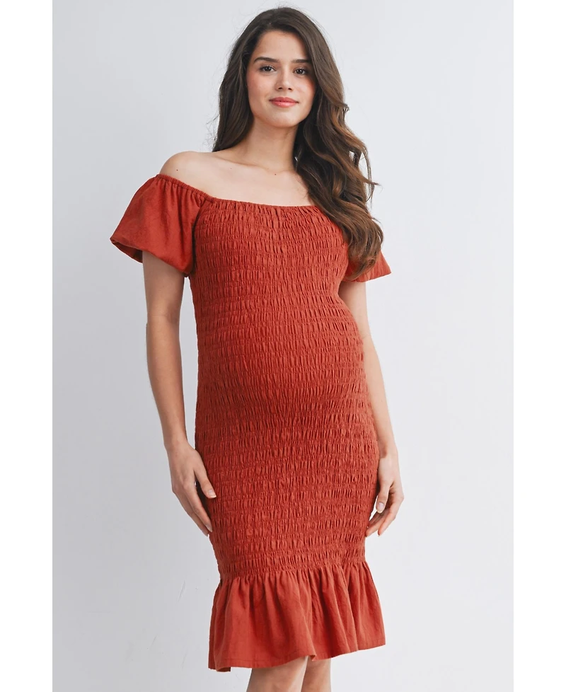 Hello Miz Maternity Off-the-Shoulder Smocked Bodycon Midi Dress with Ruffle Hem