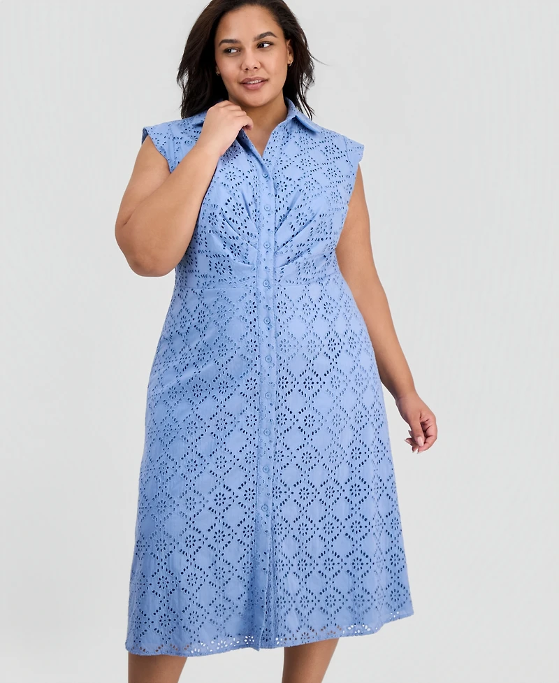 Anne Klein Plus Eyelet-Embroidered Sleeveless Shirtdress