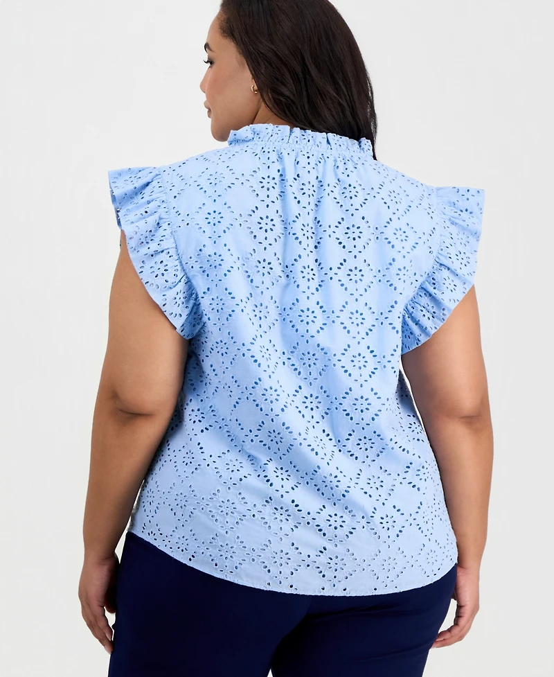 Anne Klein Plus Split-Neck Flutter-Sleeve Top
