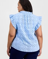 Anne Klein Plus Split-Neck Flutter-Sleeve Top