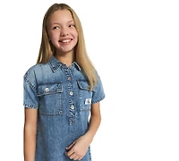 Calvin Klein Girls' 7-16 Short-Sleeve Patch Pocket Denim Shirtdress