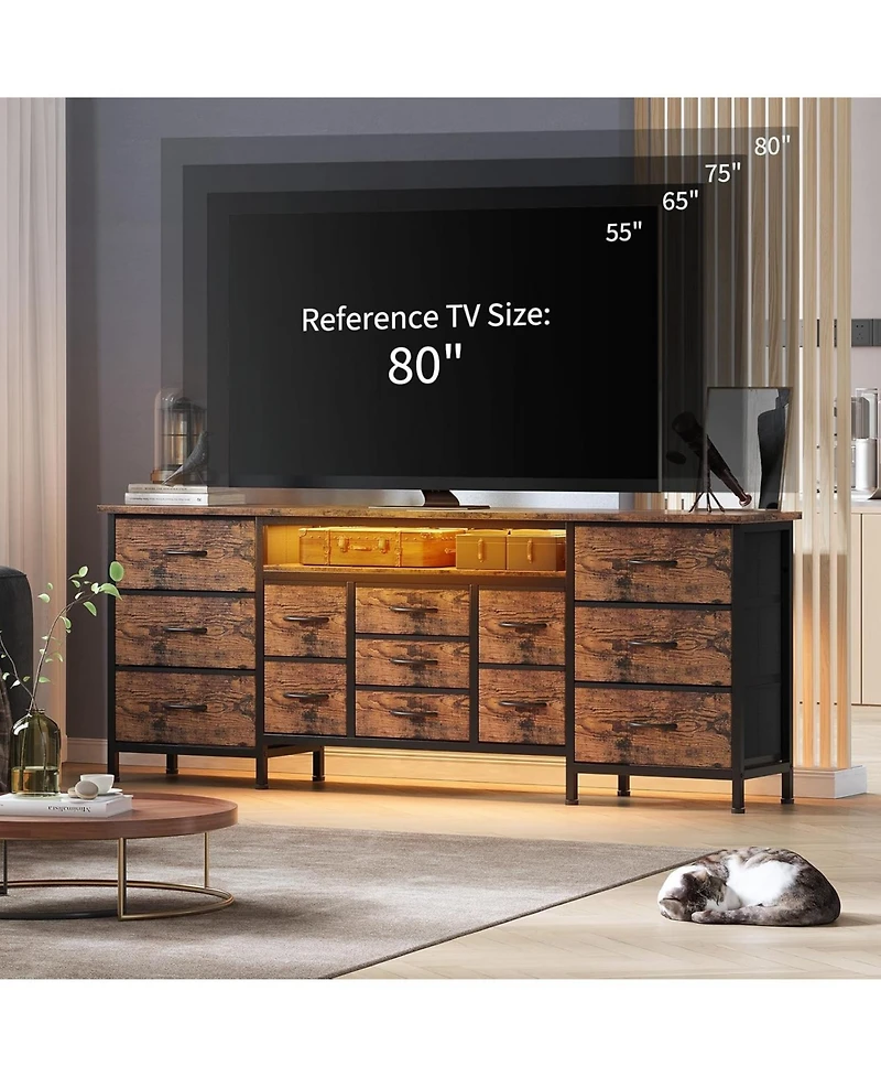 gaomon 70 Inch Long Dresser with 13 Drawers, Tv Stand for 65-80 Charging Station & Led Lights