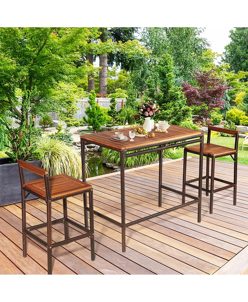 Gymax 3PCS Patio Bar Set Dining Set Outdoor Furniture Set w/ Wooden Tabletop