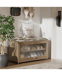 Mega Casa Shoe Storage Bench with Cushion, Modern Flip-Down Cabinet & Sturdy Metal Frame for Entryway Seating