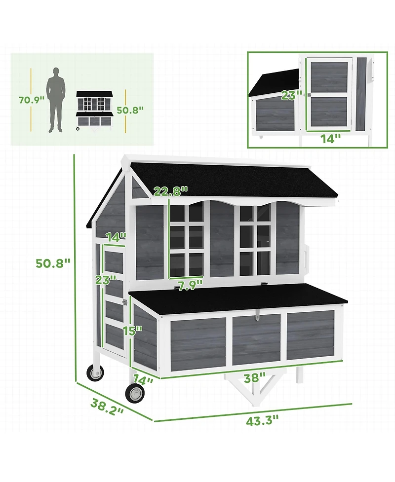 PawHut 43" Chicken Coop with Wheels, Chicken Tractor for 2-4 Hens, Rabbits