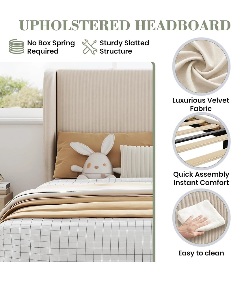 gaomon Bed Frame with Upholstered Headboard,Wooden Platform Bed Frame with 2 Storage Pockets,Vertical Channel Tufted Wingback,Strong Wooden Slats