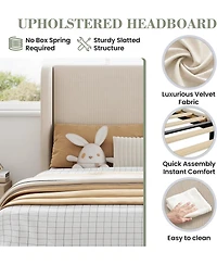 gaomon Bed Frame with Upholstered Headboard,Wooden Platform Bed Frame with 2 Storage Pockets,Vertical Channel Tufted Wingback,Strong Wooden Slats