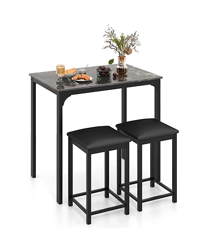 Gymax 3 Pcs Counter Height Dining Set Faux Marble Table & 2 Chairs Kitchen Bar