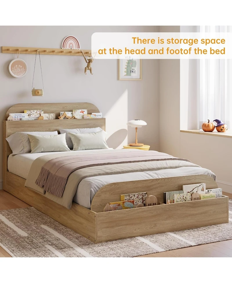 gaomon Bed Frame, Wooden Beds with Storage Headboard and Raised-Foodboard, Full-Floor Low Platform for Bedroom,Wooden Slats Support