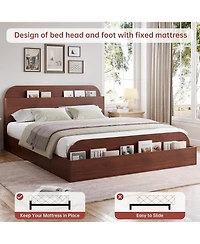gaomon Bed Frame, Wooden Beds with Storage Headboard and Raised-Foodboard, Full-Floor Low Platform Bed for Bedroom,Wooden Slats Support