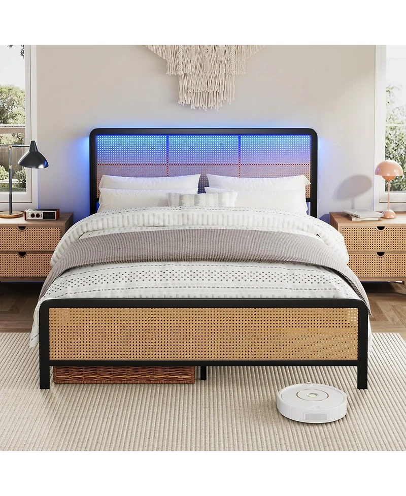gaomon Rattan Platform Bed Frame with Led Light Headboard, Modern Style Cane Boho Frames Sturdy Steel Slat Support, Heavy