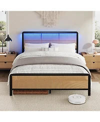 gaomon Rattan Platform Bed Frame with Led Light Headboard, Modern Style Cane Boho Frames Sturdy Steel Slat Support, Heavy