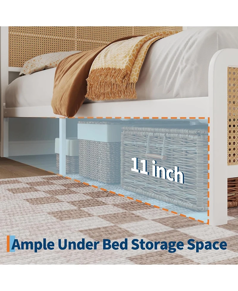 gaomon Size Rattan Platform Bed Frame with Led Light Headboard, Modern Style Cane Boho Bed Frames with Sturdy Steel Slat Support, Heavy