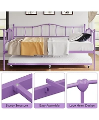 gaomonl Daybed with Trundle Heart Design Noise Free Platform Sofa Bed Steel Slats Space-Saving Bedroom Purple