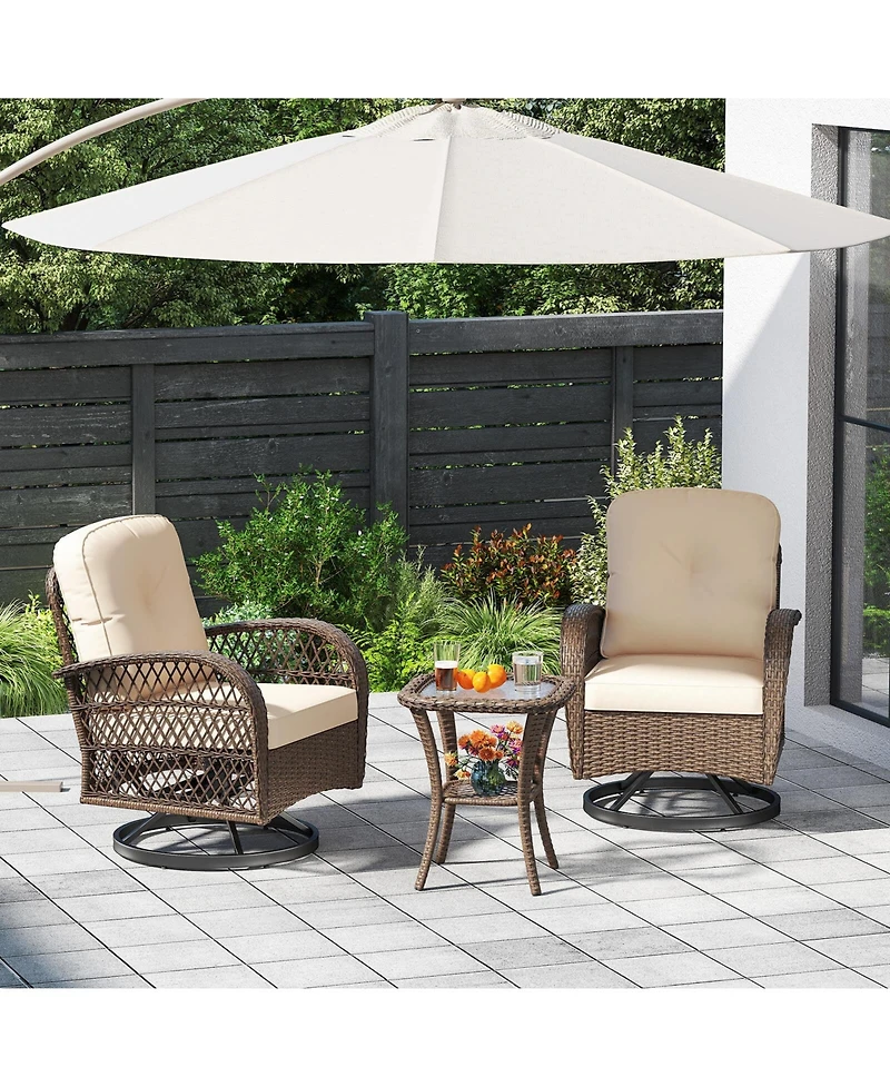 3 Pcs Patio Swivel Rocker Set Gliding Bistro Furniture with Tempered Glass Table
