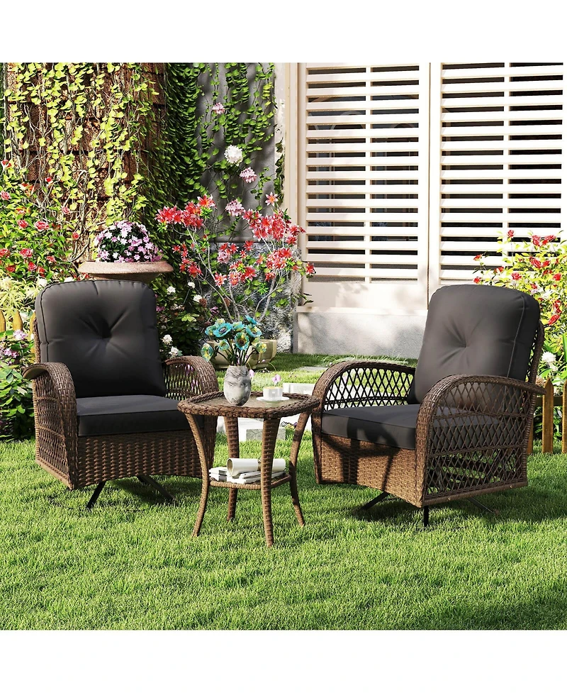 3 Pcs Patio Swivel Rocker Set Gliding Bistro Furniture with Tempered Glass Table