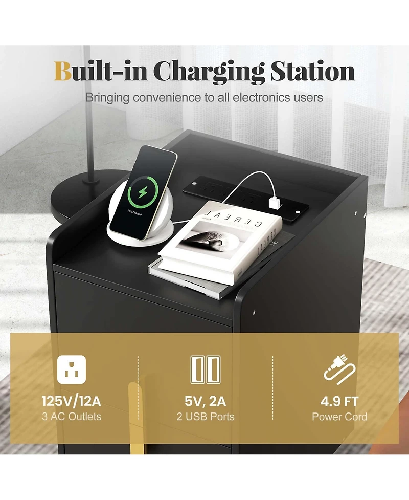 Nightstand with Charging Station Home Bedside Sofa Side Tables