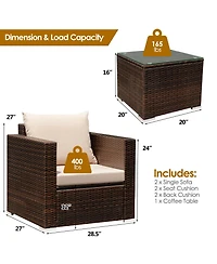 3PCS Patio Rattan Furniture Set Conversation Wicker Sofa Set w/Cushion Garden