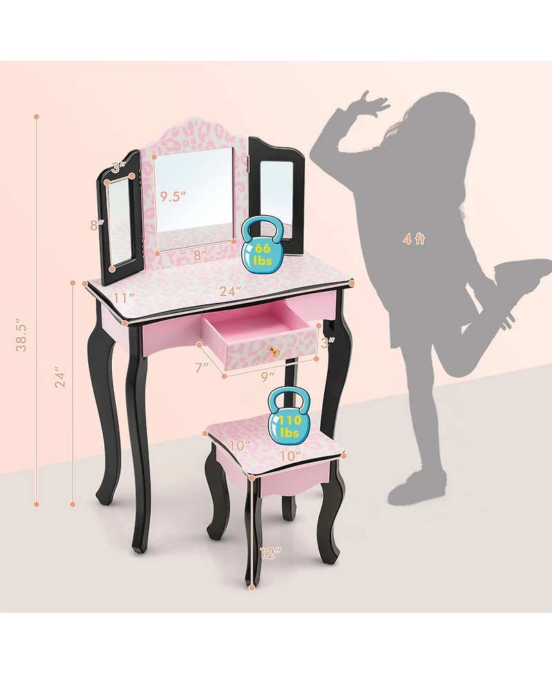 Costway Kid Vanity Set Wooden Makeup Table Stool Tri-Folding Mirror