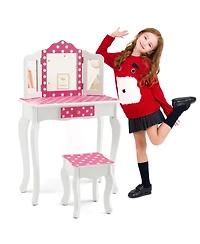 Costway Kid Vanity Set Wooden Makeup Table Stool Tri-Folding Mirror