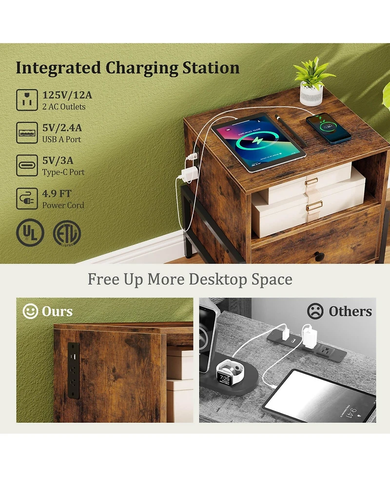 Nightstand with Charging Station Bedside Table Storage Shelf Side