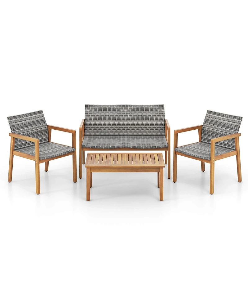 5 Pcs Outdoor Furniture Set Rattan Chairs & Ottomans with Glass Topped Coffee Table