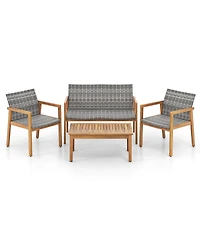 5 Pcs Outdoor Furniture Set Rattan Chairs & Ottomans with Glass Topped Coffee Table