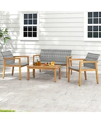 5 Pcs Outdoor Furniture Set Rattan Chairs & Ottomans with Glass Topped Coffee Table
