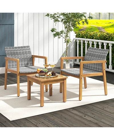 Costway 3 Pcs Outdoor Furniture Set, Acacia Wood Frame Sofa Set with Rattan Seat