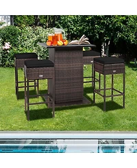 5PCS Patio Rattan Bar Table Stool Set Hidden Storage Shelf Cushion