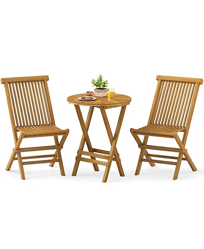 3 Pcs Folding Patio Bistro Set Teak Wood Round Table and Chairs Furniture Set
