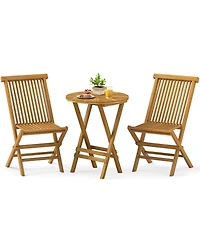 3 Pcs Folding Patio Bistro Set Teak Wood Round Table and Chairs Furniture Set