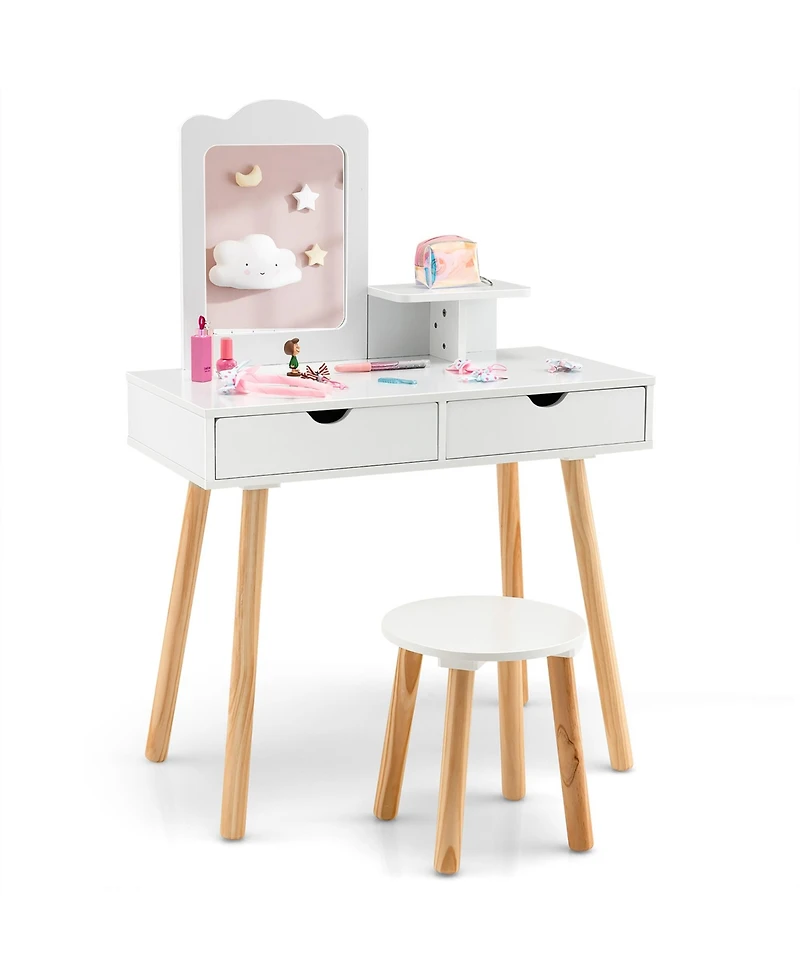 Costway Kid Vanity Table Chair Set with Mirror Large Storage Drawers Wooden Legs