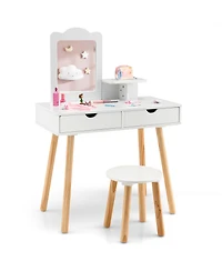 Costway Kid Vanity Table Chair Set with Mirror Large Storage Drawers Wooden Legs
