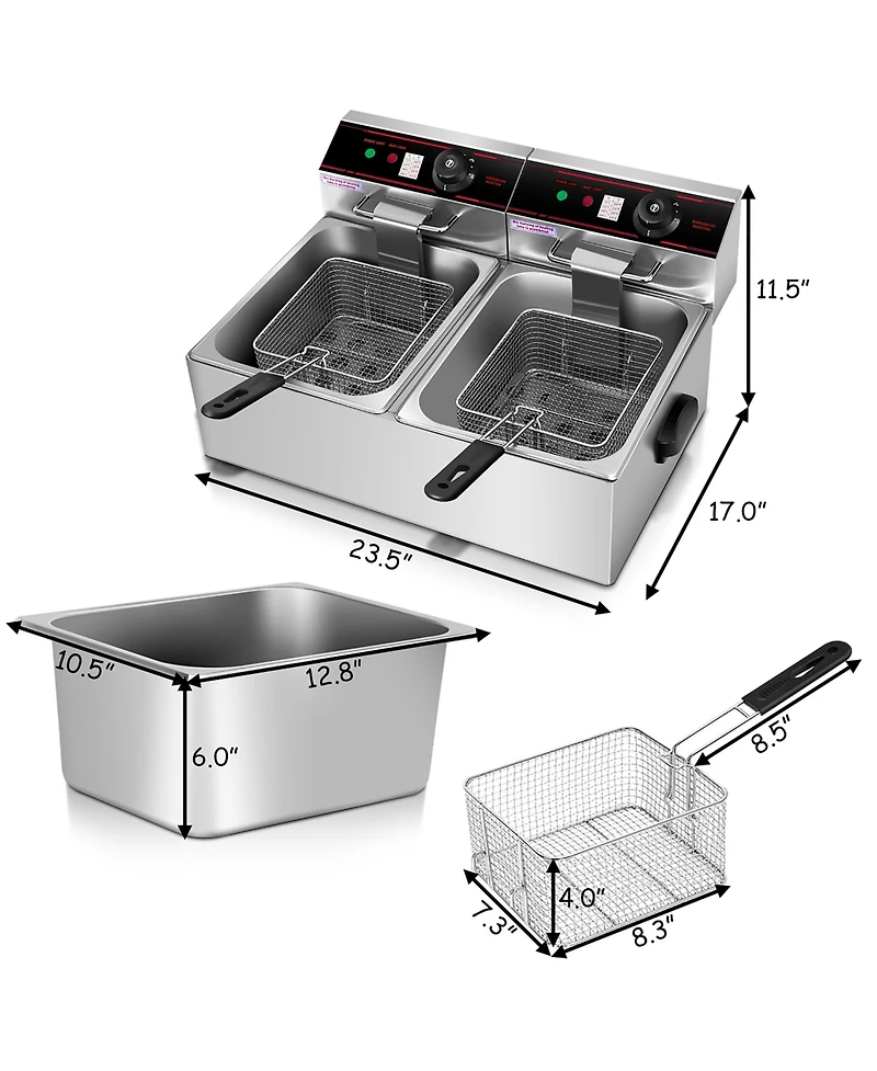 3400W Electric Countertop Deep Fryer Dual Tank Home Steel