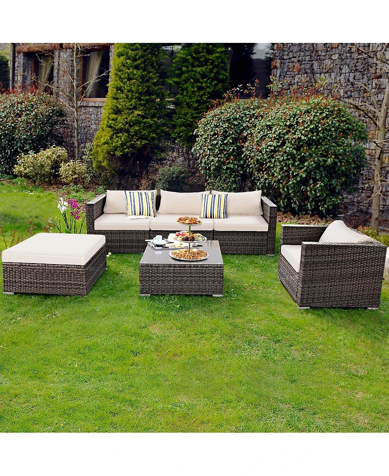 6PC Furniture Set Patio Sofa Pe Gray Rattan Couch 2 Set Cushion Covers