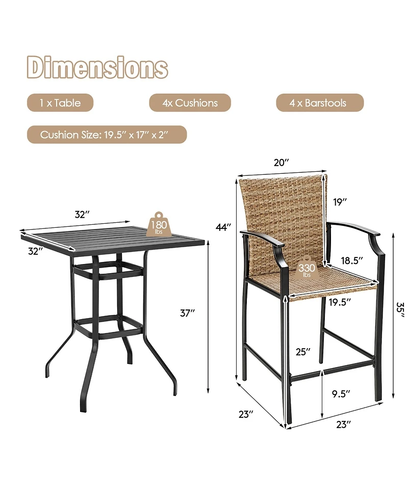 5PCS Outdoor Bistro Set Rattan Bar Stool Table Set with Cushions Steel Frame