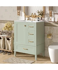 Sillysis 24.8" Bathroom Vanity with Ceramic Sink, Modern Freestanding Solid Wood Mdf Cabinet, 3 Drawers Soft Close Door for Small Spaces