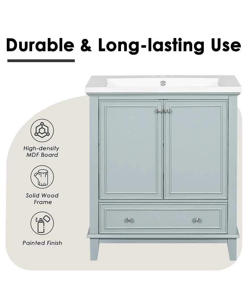 Sillysis Bathroom Vanity with Ceramic Sink, Adjustable Shelf, Multi-Functional Storage, Solid Wood & Mdf