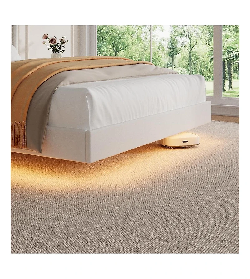 gaomon Wood Storage & Led Light Floating Bed Frame with Velvet Upholstered Wingback Headboard