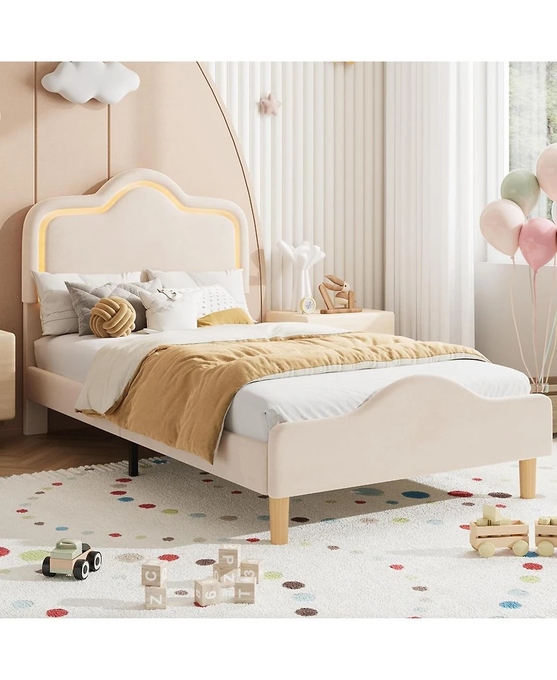 gaomon Upholstered Princess Platform Bed Frame with Rgb Led Lights, Adjustable Velvet Headboard, Wooden Slat Support