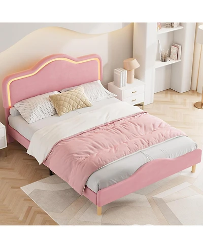 gaomon Upholstered Princess Platform Bed Frame with Rgb Led Lights, Adjustable Velvet Headboard, Wooden Slat Support