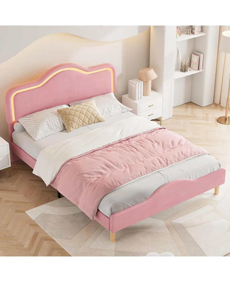 gaomon Upholstered Princess Platform Bed Frame with Rgb Led Lights, Adjustable Velvet Headboard, Wooden Slat Support