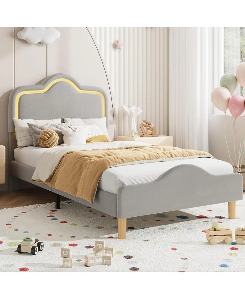 gaomon Upholstered Princess Platform Bed Frame with Rgb Led Lights, Adjustable Velvet Headboard, Wooden Slat Support
