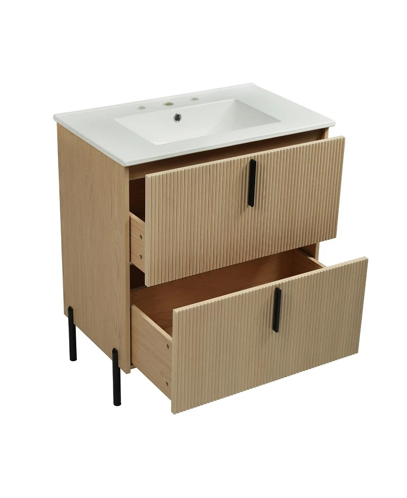 Sillysis 30" Bathroom Vanity with Sink, Modern Fluted Mdf Cabinet, Full-Extension Soft Close Drawers for Small Spaces
