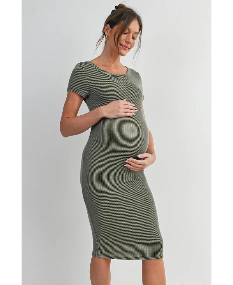 Hello Miz Women's Maternity Bodycon Ribbed Knit Short Sleeve Midi Dress