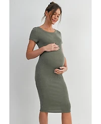 Hello Miz Women's Maternity Bodycon Ribbed Knit Short Sleeve Midi Dress