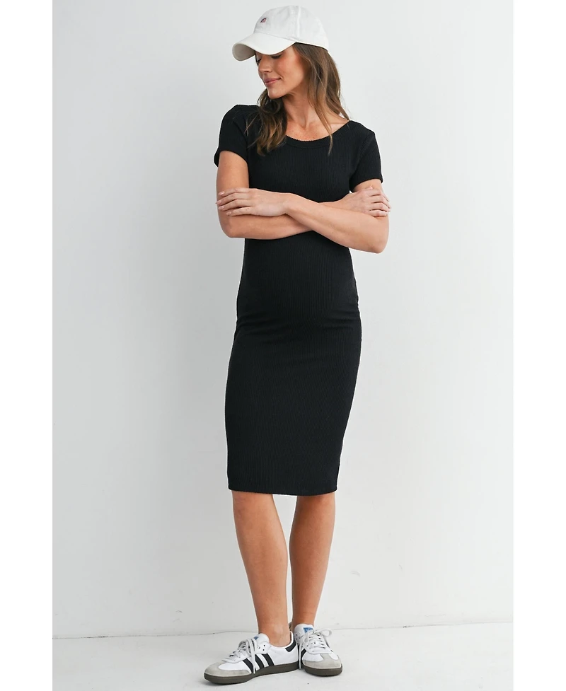 Hello Miz Maternity Bodycon Ribbed Knit Short Sleeve Midi Dress