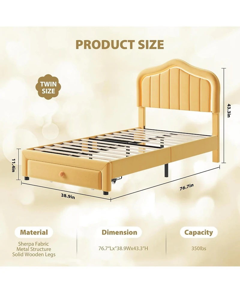 gaomon Twin Led Upholstered Bed Frame Storage Drawer Velvet Princess Platform Sturdy Wooden Slats Easy Assembly No Box Spring