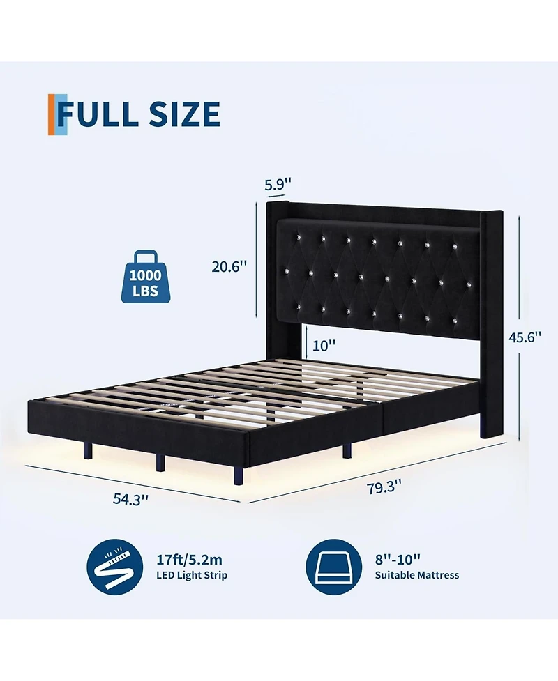 gaomon Full Floating Bed Frame Led Lights Velvet Upholstered Platform Bed Storage Headboard Noise-Free No Box Spring